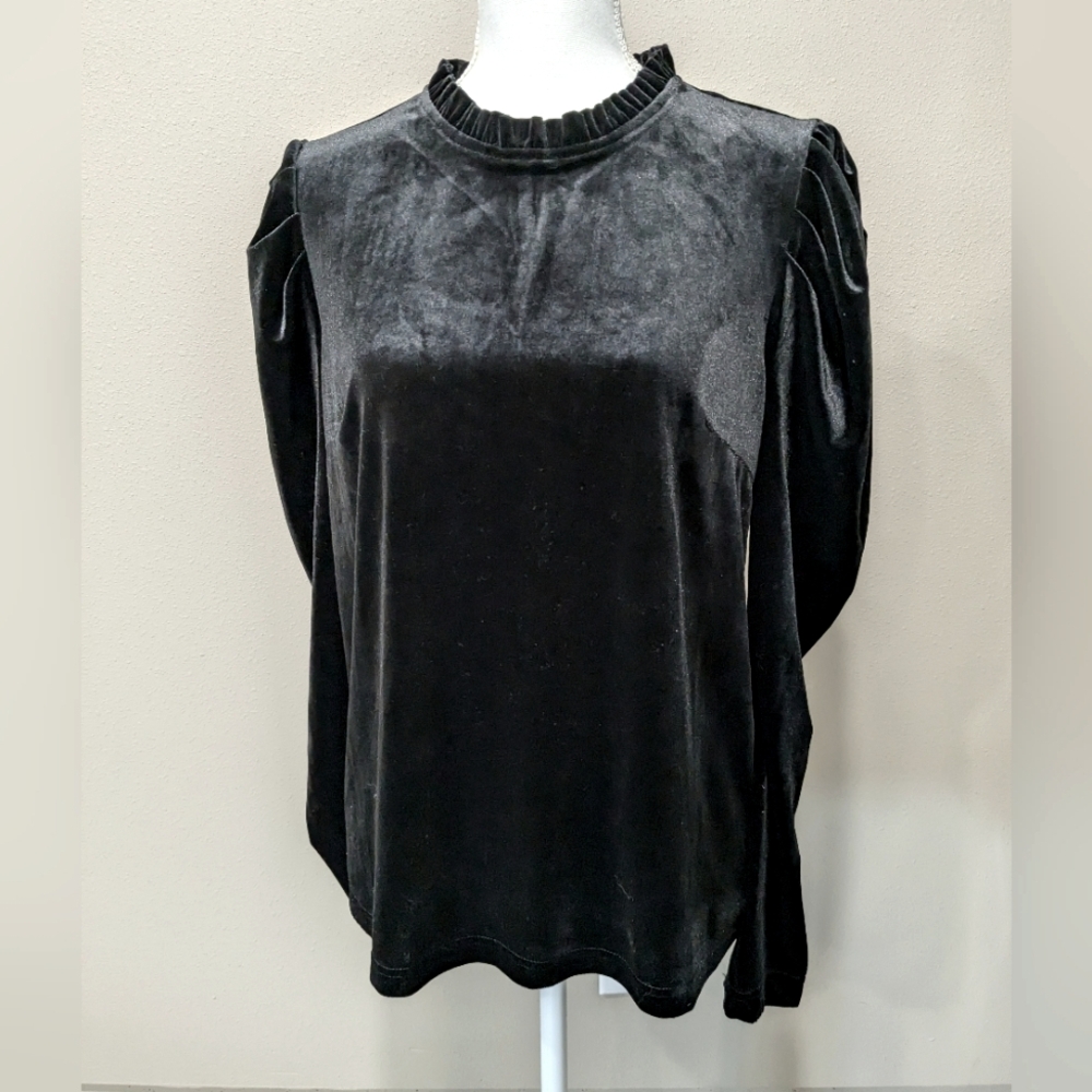 E.ssue Women Black Velvet Puff Sleeve Long Sleeve Stretch Top Shirt Blouse Sz M